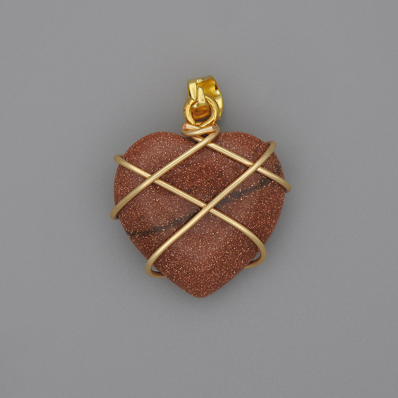 Heart Pendant, Wire-Wrapped Aventurine "Golden Sand", 21x21mm+-, Diameter 30mm+
