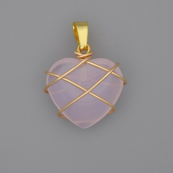 Heart Pendant, Wire-Wrapped Rose Quartz, 21x21mm+-, Diameter 30mm+