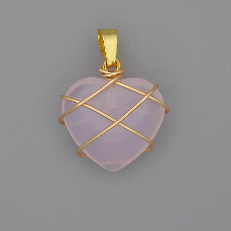 Heart Pendant, Wire-Wrapped Rose Quartz, 21x21mm+-, Diameter 30mm+