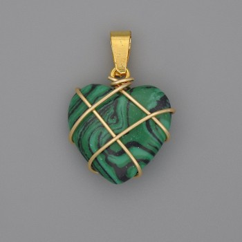 Heart Pendant in Wire-Wrapped Malachite 21x21mm+-, diameter 30mm+