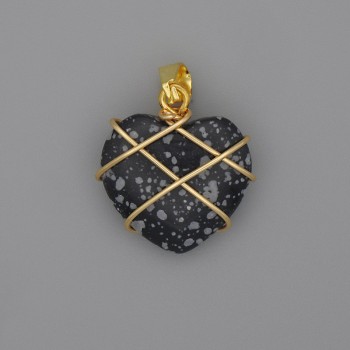 Heart Pendant in Wire-Wrapped Snowflake Obsidian 21x21mm+-, diameter 30mm+