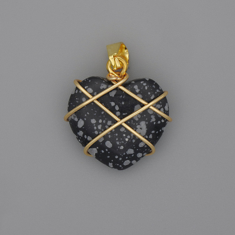 Heart Pendant in Wire-Wrapped Snowflake Obsidian 21x21mm+-, diameter 30mm+