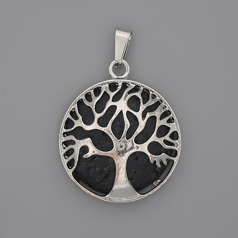 Clearance! Lava Stone Pendant in "Tree of Life" Setting, diameter 27mm+/-, length 37mm+