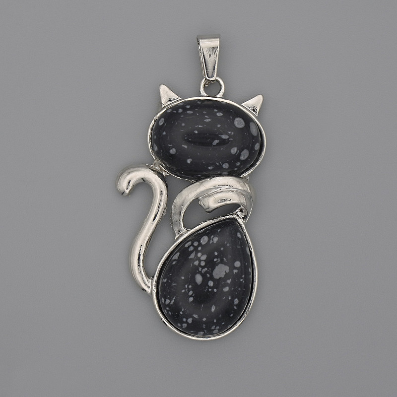 Snowflake Obsidian Cat Pendant 42x25mm+/-, length 50mm+
