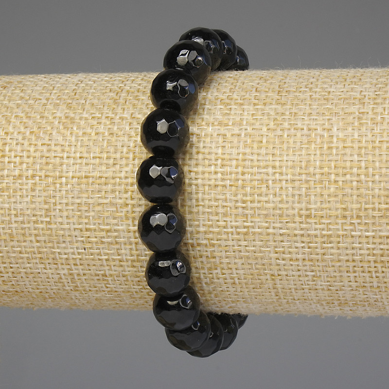 Black Agate Faceted Round Bead Bracelet 10mm+/-, length 18cm+/-, stretch