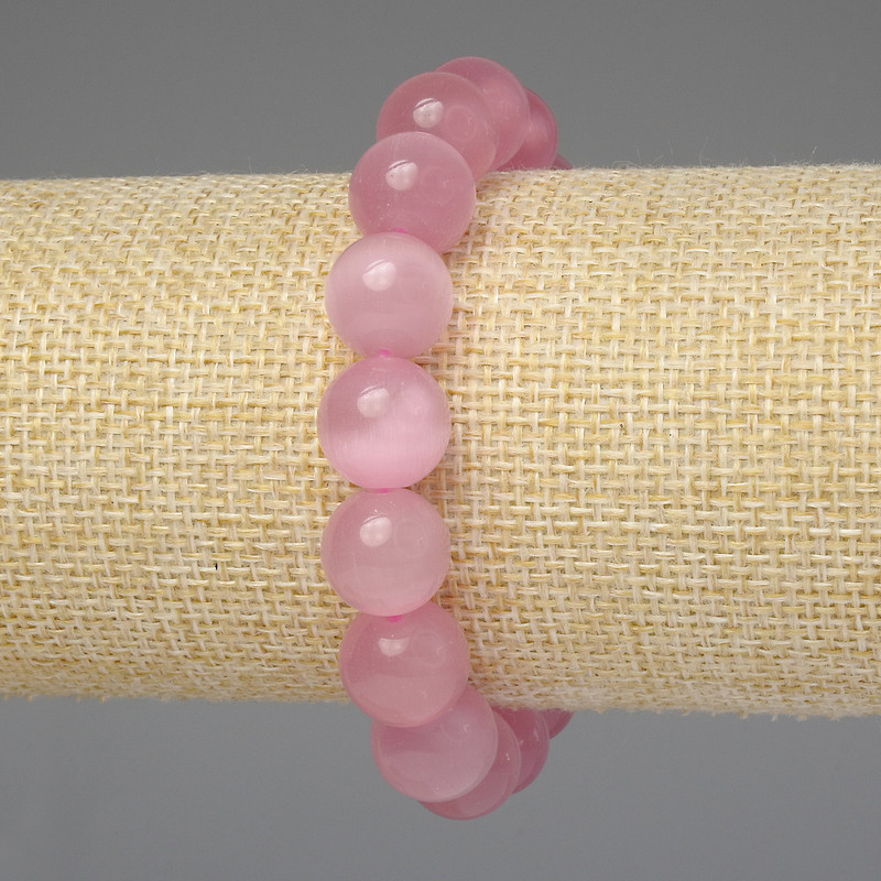 Pink Cat's Eye Bracelet, smooth beads 12mm+/-, length 18cm+/- stretch