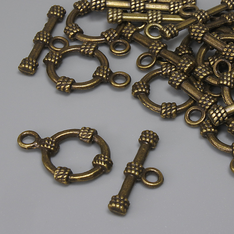 Toggle Clasp Finding, diameter 19.5x3.5mm+- ring, diameter 14mm+-, hole diameter 9mm+- bronze metal colour, pack of 11pcs+