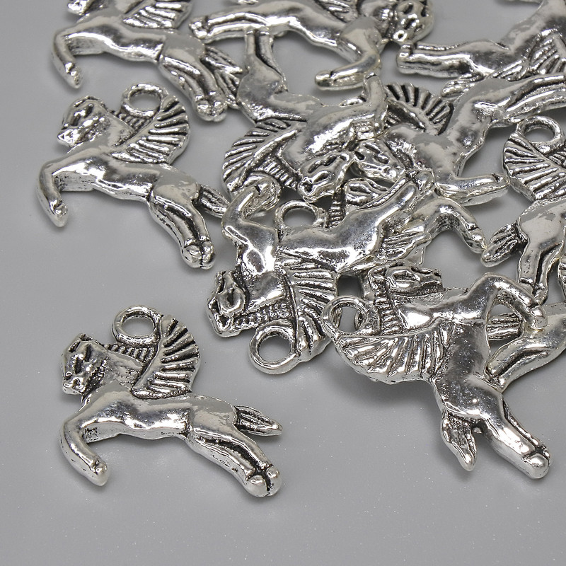 Pegasus Charm Pendant Silver-Tone Metal, diameter 16x17mm+-, loop hole 2.4mm+-, pack of 12pcs+