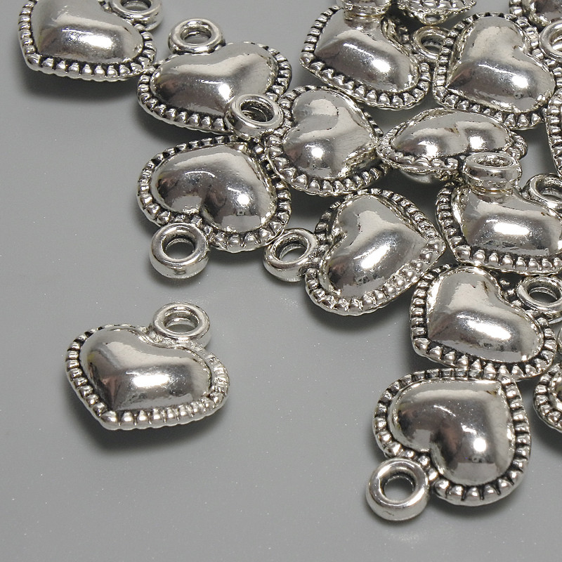 Heart Pendant Charm, silver metal colour, diameter 11x13mm+/- bail hole 2.2mm+/- pack of 17pcs+