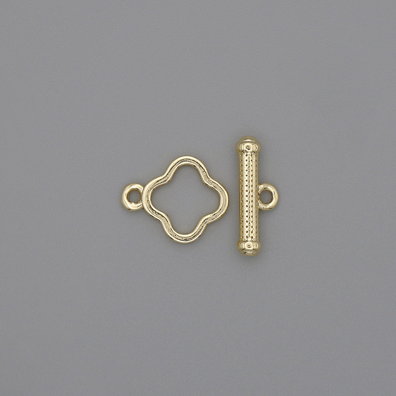 Toggle clasp finding, diameter 14x3mm+- clover, diameter 10mm+-, hole diameter 8mm+- gold-coloured metal