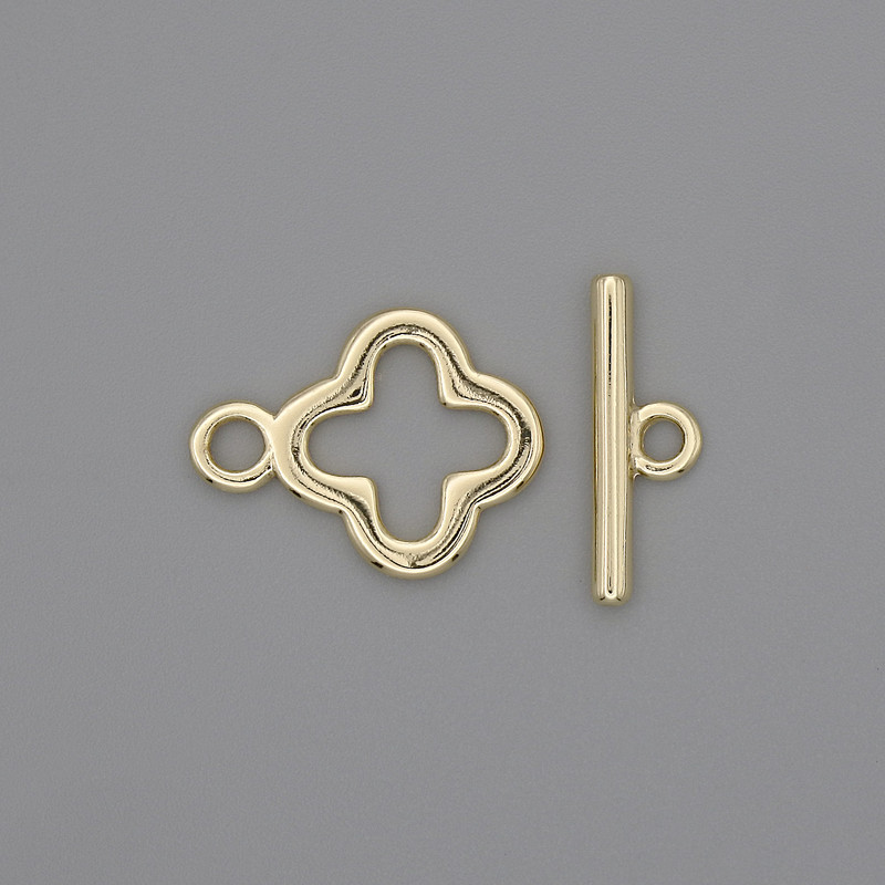 Toggle clasp finding, diameter 17x2mm+- clover, diameter 14mm+-, hole diameter 10mm+- gold-coloured metal