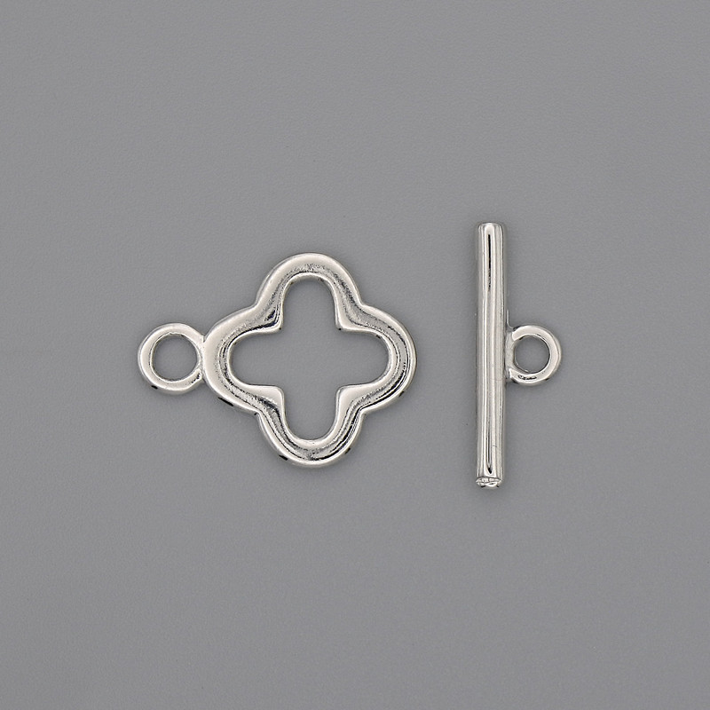 Toggle clasp finding, diameter 17x2mm+- clover, diameter 14mm+-, hole diameter 10mm+- silver-coloured metal