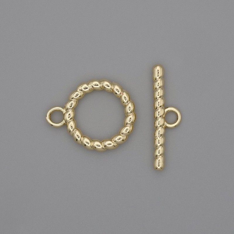 Toggle clasp finding, diameter 22x2.5mm+- circle, diameter 15mm+-, hole diameter 10mm+- gold-coloured metal
