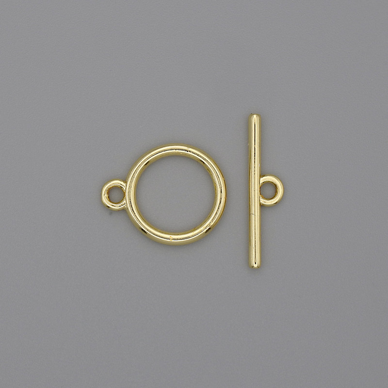 Toggle clasp finding, diameter 18x1.5mm+- circle, diameter 12mm+-, hole diameter 10mm+- gold-coloured metal
