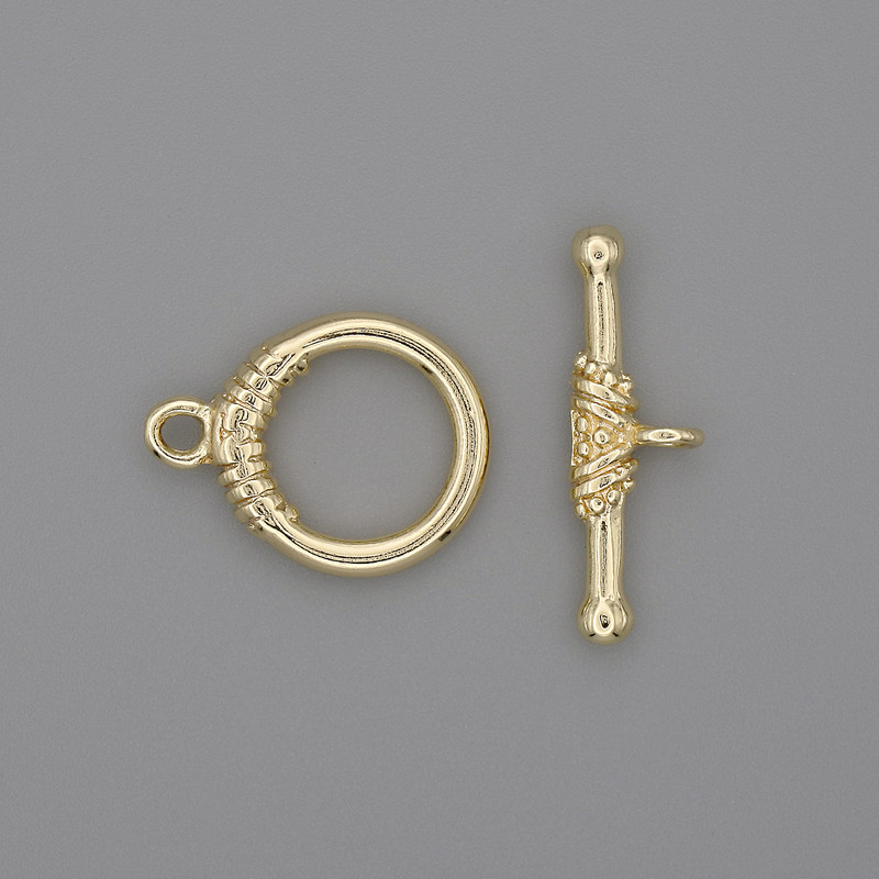 Toggle Clasp Finding, ring diameter 23x3.5mm+/-, diameter 14mm+/-, hole diameter 10mm+/- gold-coloured metal