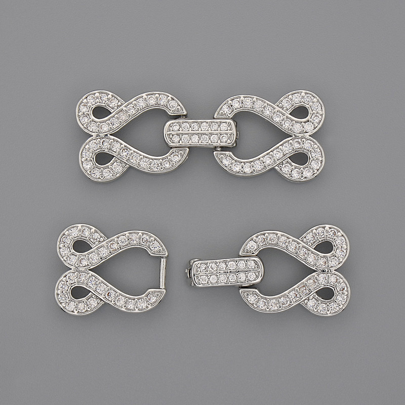2-Strand Clasp Finding with White Rhinestones, Diameter 30x12mm+- Silver-Coloured Metal