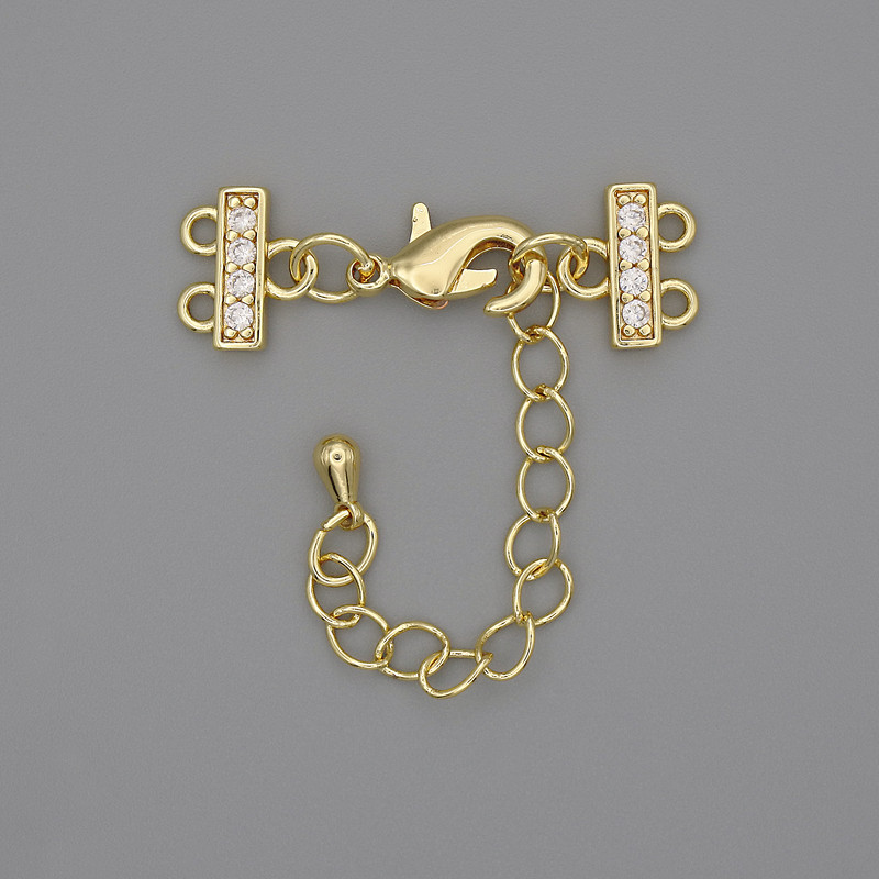 Clasp for Bracelets and Beads on 2 Strands with Rhinestones and Extension Chain, Gold-Coloured Metal, Diameter 7x12mm+/-, Length 3cm+