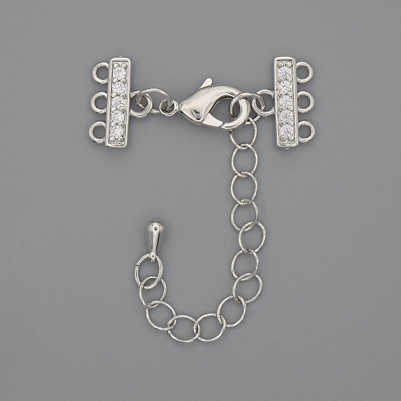 Clasp for Bracelets and Beads on 3 Strands with Rhinestones and Extension Chain, Silver-Coloured Metal, Diameter 7x12mm+/-, Length 3cm+