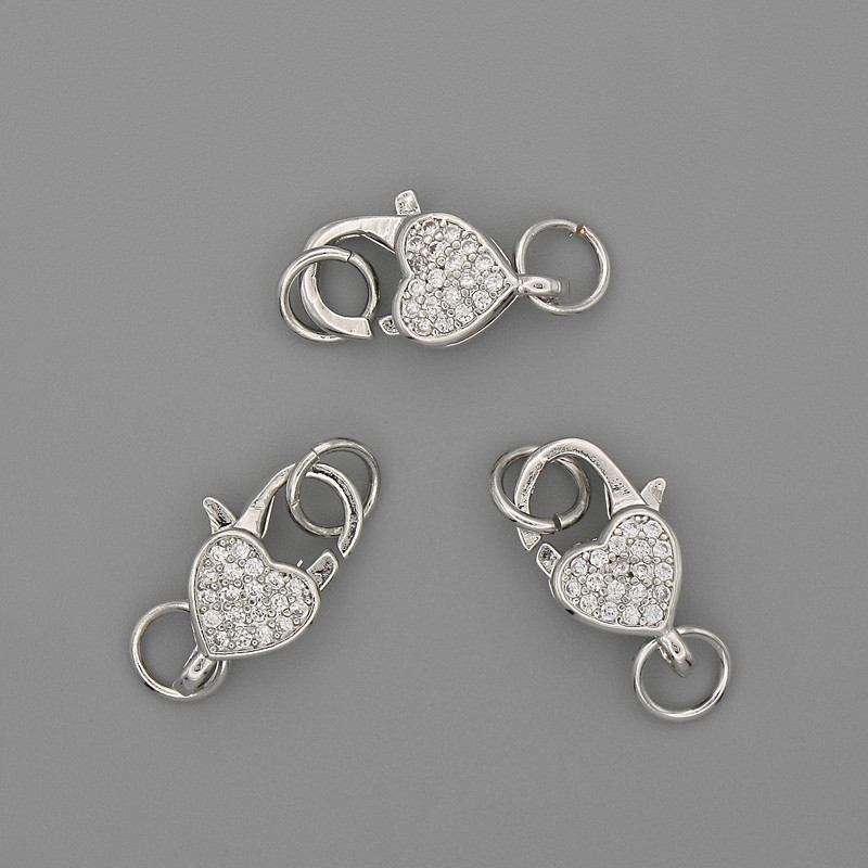 Clasp Finding, Lobster Clasp 15x10mm+/-, White Rhinestones, Silver-Coloured Metal