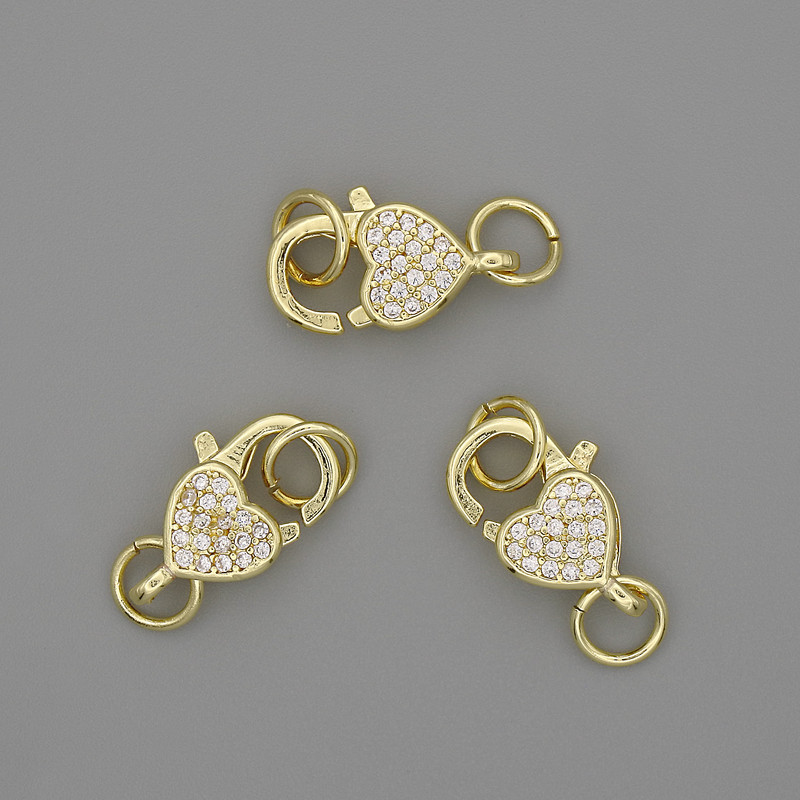 Clasp Finding, Lobster Clasp 15x10mm+/-, White Rhinestones, Gold-Coloured Metal