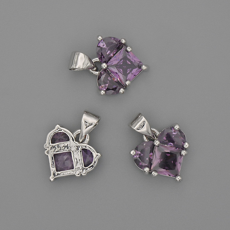 Pendant Heart with Purple Crystal 12×12mm±, length 17mm±, silver-tone metal