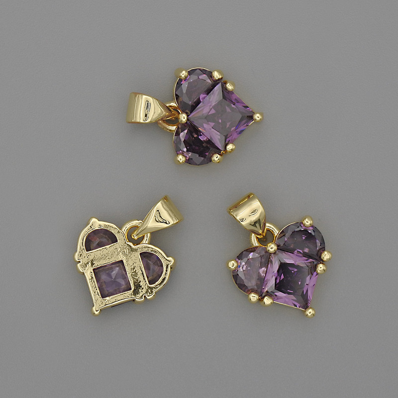 Pendant Heart with Purple Crystals 12×12mm±, length 17mm±, gold-tone metal