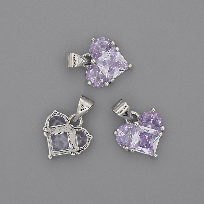 Pendant Heart with light violet crystals 12×12mm ±, length 17mm ±, silver-toned metal