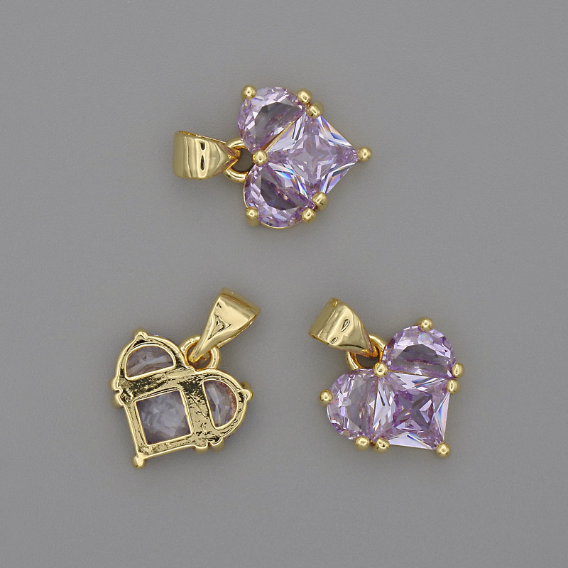 Pendant Heart with light purple crystals 12×12mm±, length 17mm± golden metal