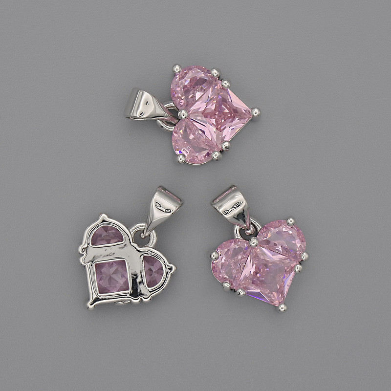 Pendant Heart with Pink Crystal 12x12mm±, length 17mm±, silver-tone metal