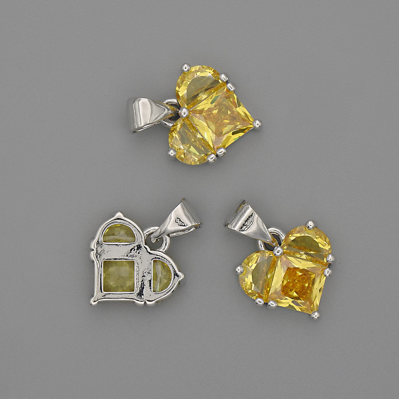 Pendant Heart with Yellow Crystals 12×12mm±, length 17mm±, Silver-toned Metal