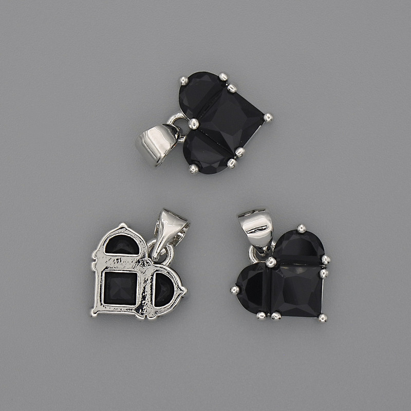 Pendant Heart with Black Crystals 12x12mm+-, length 17mm+-, silver metal