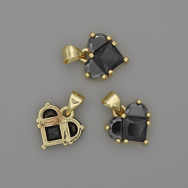 Pendant Heart with Black Crystals 12x12mm+-, length 17mm+-, gold-tone metal