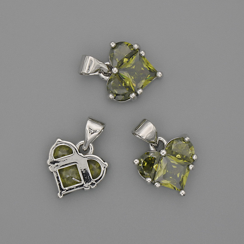 Heart Pendant Green Crystals 12x12mm+/-, Length 17mm+/- Silver-Toned Metal