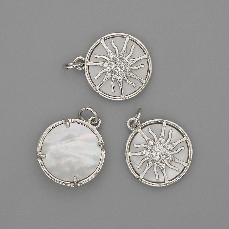 Mother-of-Pearl Sun Pendant 15mm+-, length 20mm+- silver-tone metal