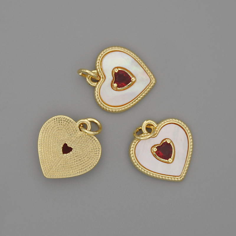 Mother-of-Pearl Heart Pendant 15x15mm+- Red Crystal, Length 18mm+- Gold-Tone Metal