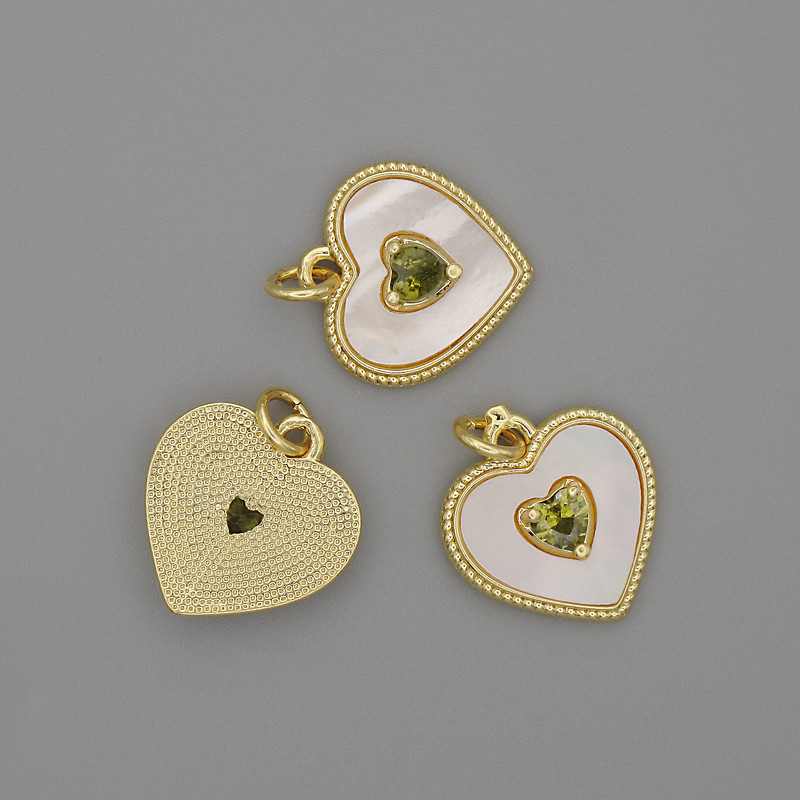Mother-of-Pearl Heart Pendant 15x15mm+- Green Crystal, Length 18mm+- Gold-Tone Metal
