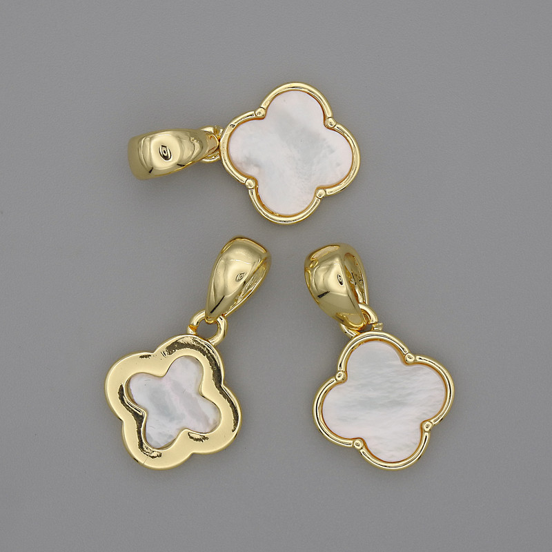 Mother-of-Pearl Clover Pendant 14x14mm+-, Length 24mm+- Gold-Tone Metal