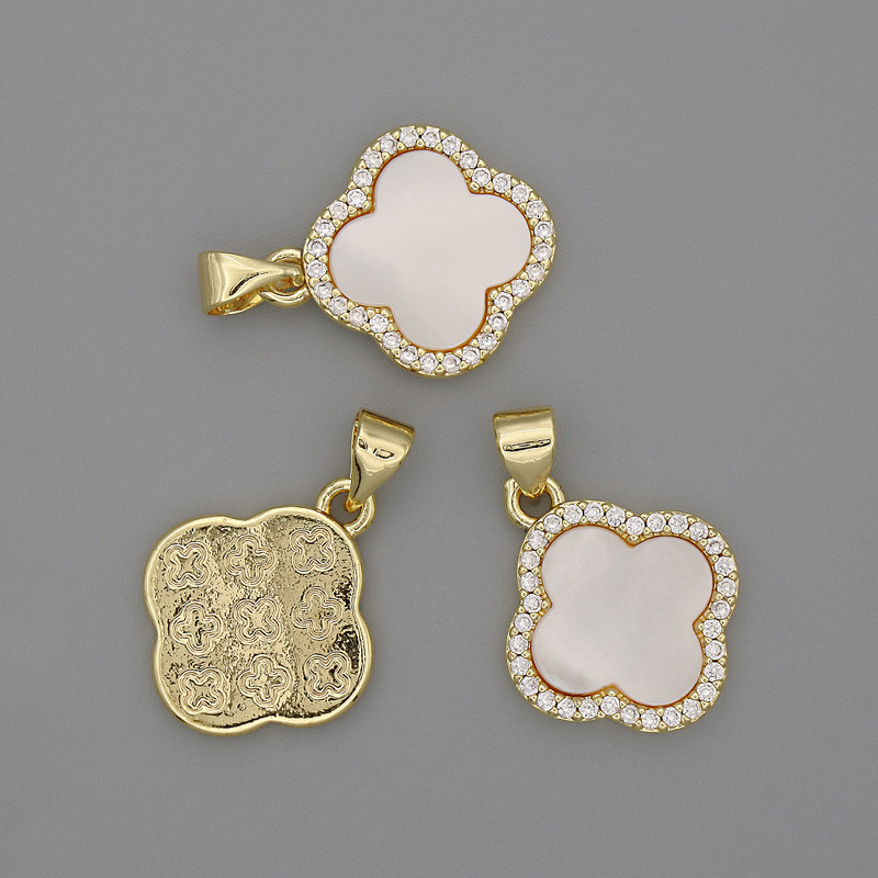 Mother-of-Pearl Clover Pendant with White Rhinestones 15x15mm+-, Length 22mm+- Gold-Tone Metal