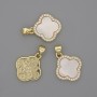 Mother-of-Pearl Clover Pendant with White Rhinestones 15x15mm+-, Length 22mm+- Gold-Tone Metal