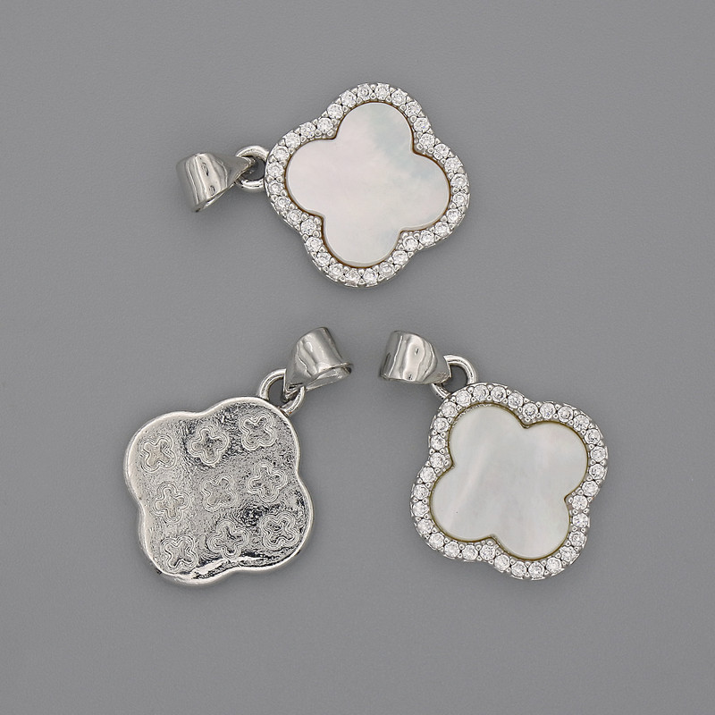 Mother-of-Pearl Clover Pendant with White Rhinestones 15x15mm+-, Length 22mm+- Silver-Tone Metal