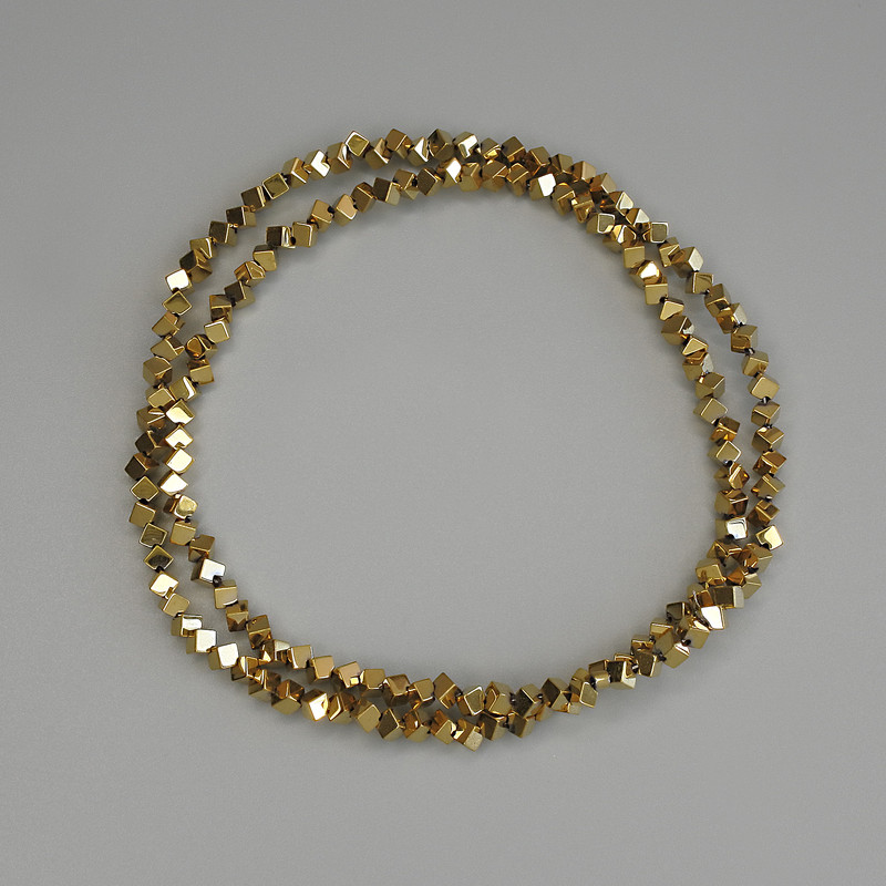 Hematite Beads Gold Colour Cube with Cross-Drilled Hole 2x2mm+/-, on Nylon Thread, Length 38cm+