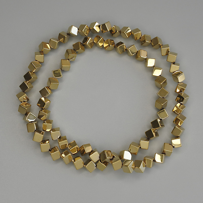 Hematite Beads Gold Colour Cube with Cross-Drilled Hole 4x4mm+/-, on Nylon Thread, Length 38cm+