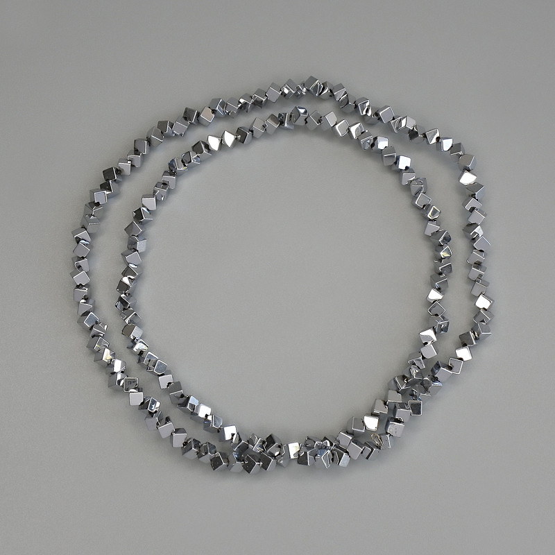 Hematite Beads Silver Colour Cube with Cross-Drilled Hole 2x2mm+/-, on Nylon Thread, Length 38cm+