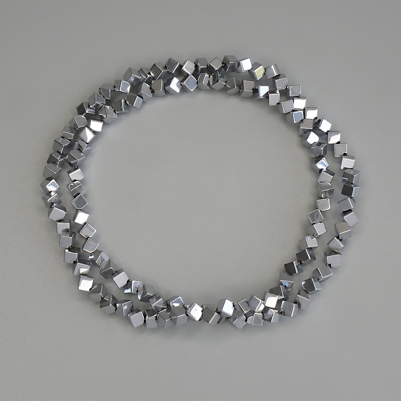 Hematite Beads Silver Colour Cube with Cross-Drilled Hole 3x3mm+/-, on Nylon Thread, Length 38cm+