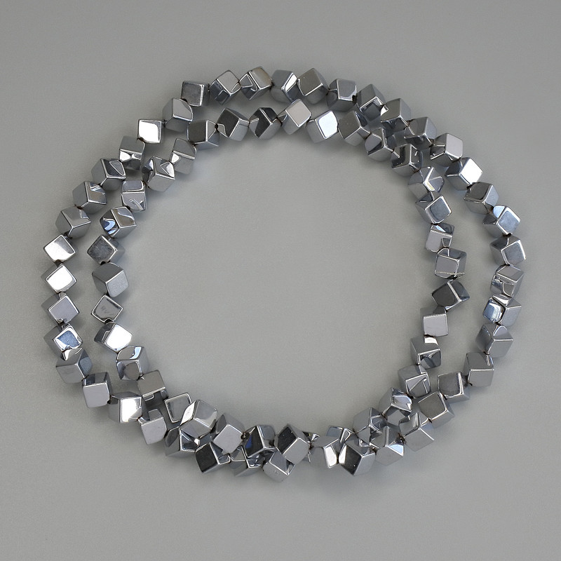 Hematite Beads Silver Colour Cube with Cross-Drilled Hole 4x4mm+/-, on Nylon Thread, Length 38cm+
