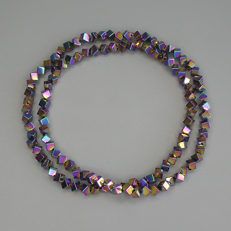 Hematite Beads Rainbow Colour Cube with Cross-Drilled Hole 3x3mm+/-, on Nylon Thread, Length 38cm+