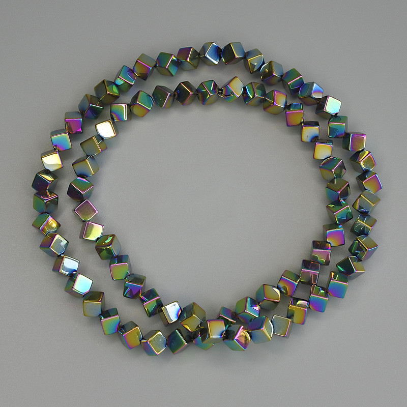 Hematite Beads Rainbow Colour Cube with Cross-Drilled Hole 4x4mm+/-, on Nylon Thread, Length 38cm+