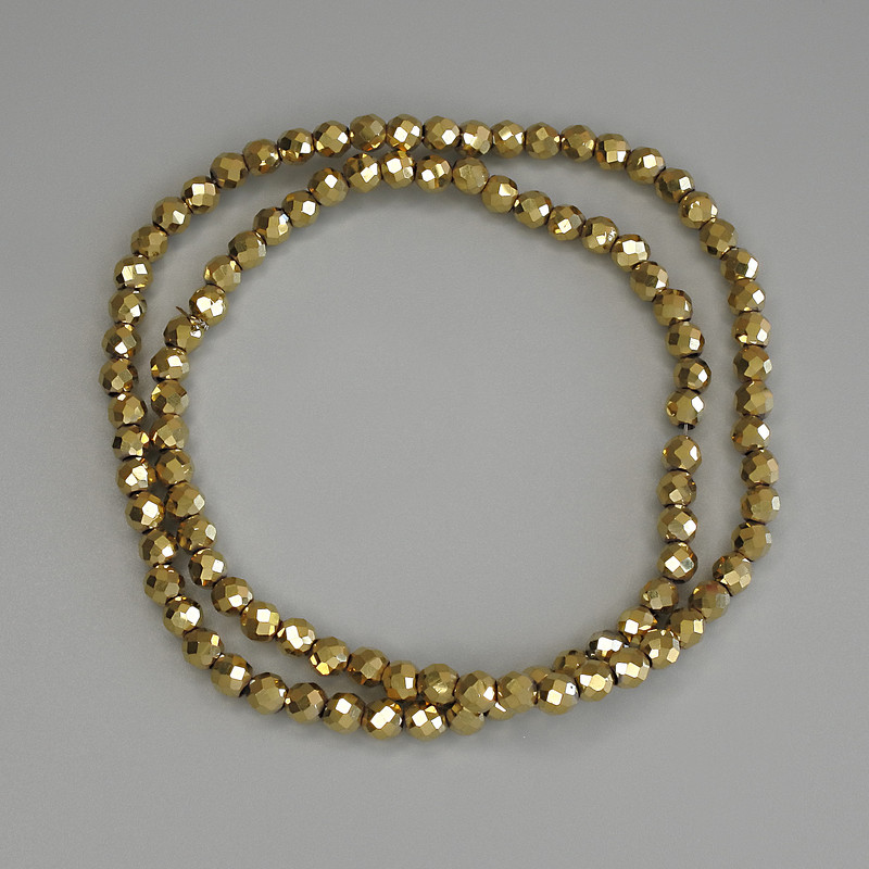 Hematite Beads Gold Colour Faceted Round Bead 4mm+/-, on Nylon Thread, Length 38cm+