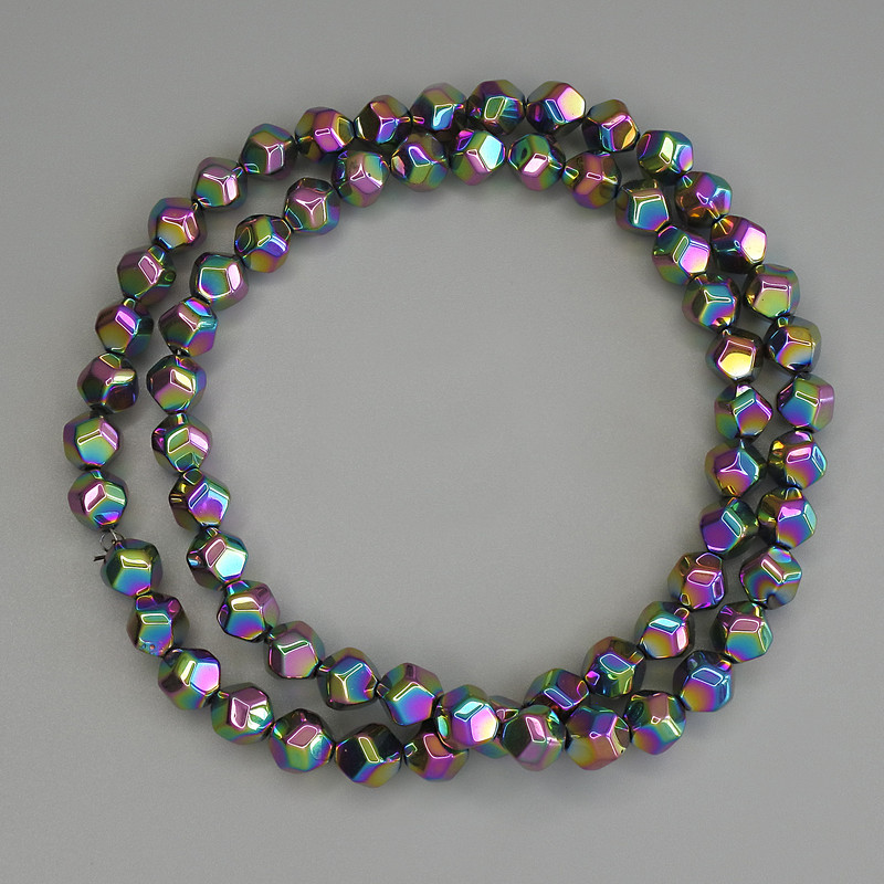 Hematite Beads Rainbow Colour Polygon Cut, Diameter 6x6mm+/- on Fishing Line, Length 40cm+