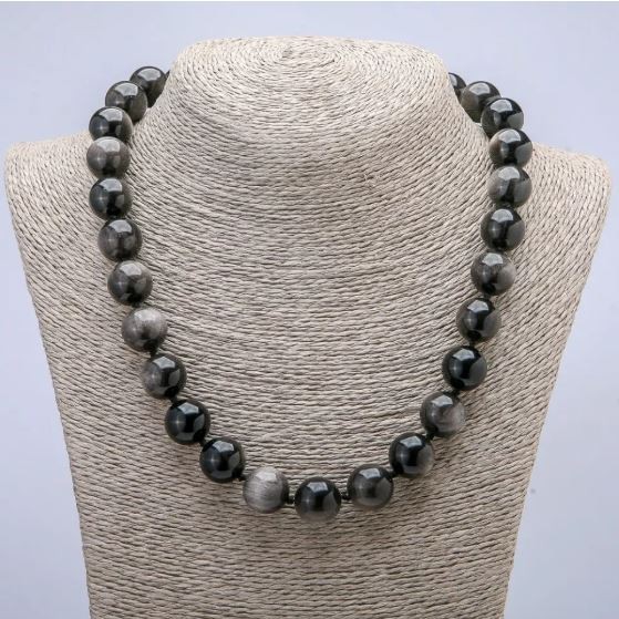 Silver Obsidian Natural Stone Necklace Smooth Round Beads, diameter 14mm, length 45cm+